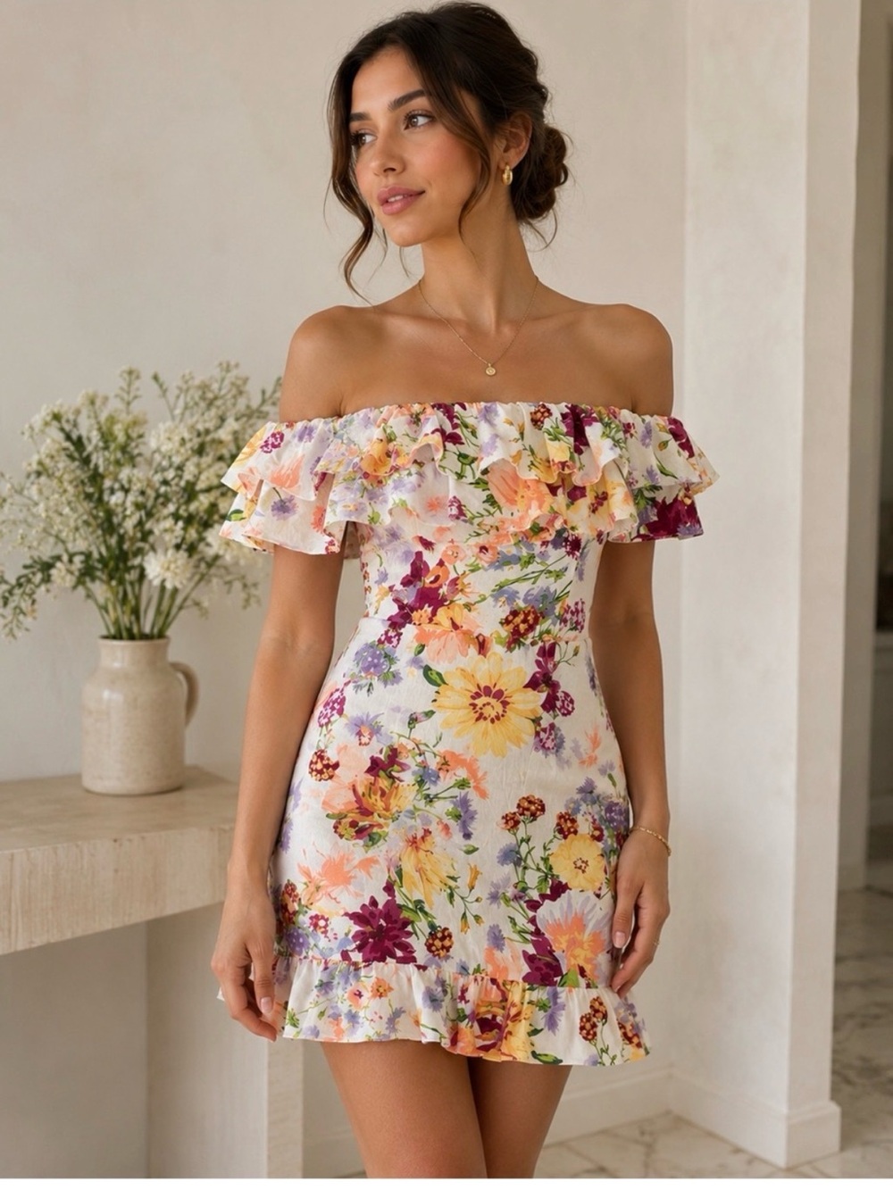 H&M Strapless Floral Ruffle Mini Dress in White, Yellow, Pink, Purple